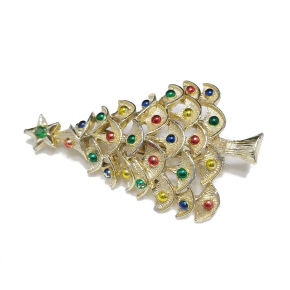 Gerry’s Christmas Tree Brooch Gold Tone Enamel Ornaments 1960s Vintage - Picture 5 of 10